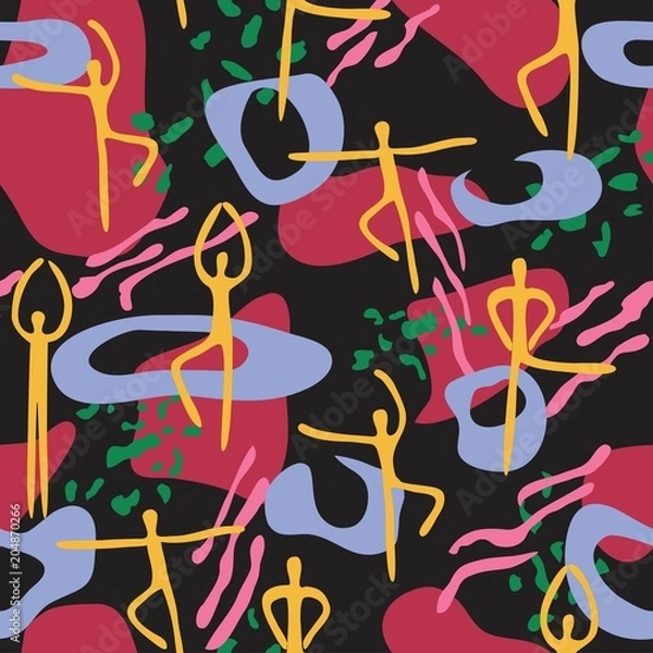 Fototapeta Bright seamless pattern with lines, spots, dots and dancing people. Vector illustration with minimalist style