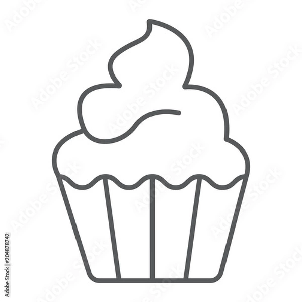 Fototapeta Cupcake thin line icon, sweet and tasty, dessert sign vector graphics, a linear pattern on a white background, eps 10.