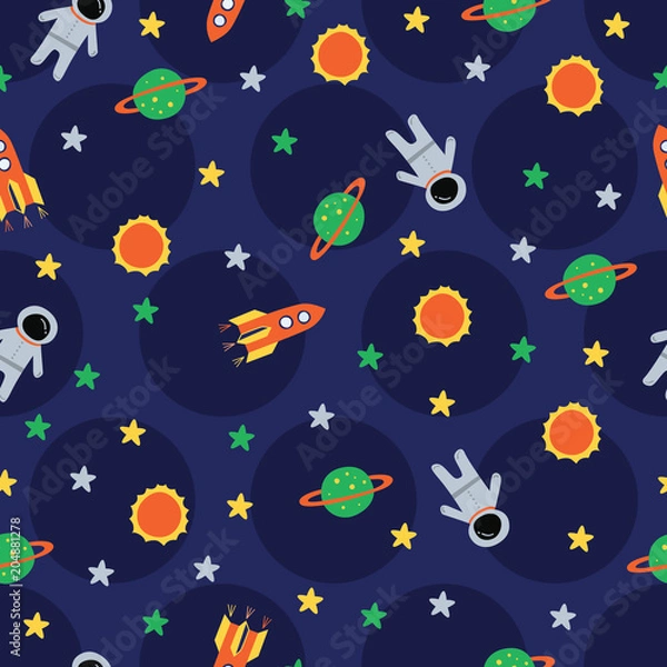 Obraz Astronaut, sun, rocket, planet in polka dots navy. A playful, modern, and flexible pattern for brand who has cute and fun style. Repeated pattern. Happy, bright, and magical mood.