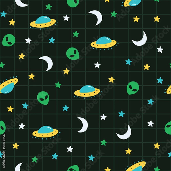 Obraz Alien, ufo, moon, star outer space pattern. A playful, modern, and flexible pattern for brand who has cute and fun style. Repeated pattern. Happy, bright, and magical mood.