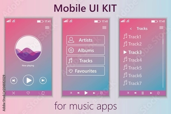 Fototapeta Mobile music app. Mobile UI kit. Material Design UI, UX, GUI. Responsive web design. Different UI, UX, GUI screens