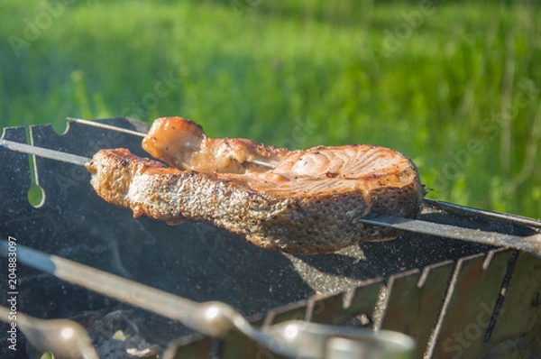Obraz grilled red fish, steak salmon on the grill on skewers, food on open air in spring and summer