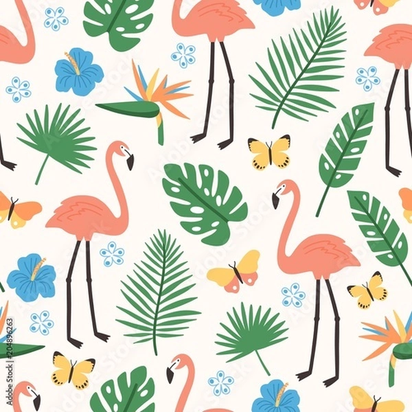 Fototapeta Summer seamless pattern with exotic jungle foliage, pink flamingos, exotic blooming flowers and butterflies on white background. Flat bright colored vector illustration for wallpaper, wrapping paper.