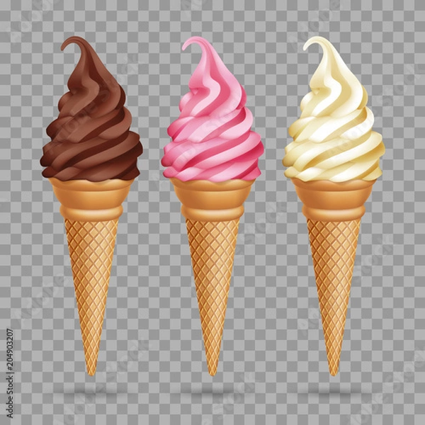 Fototapeta Set of realistic ice cream cones on transparent background. Vector Illustration