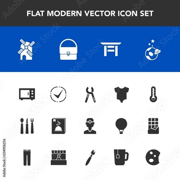 Fototapeta Modern, simple vector icon set with torii, mill, repair, space, bag, power, reparation, clothes, dentistry, energy, sign, wind, child, science, clinic, spaceship, industrial, knife, kitchen, kid icons