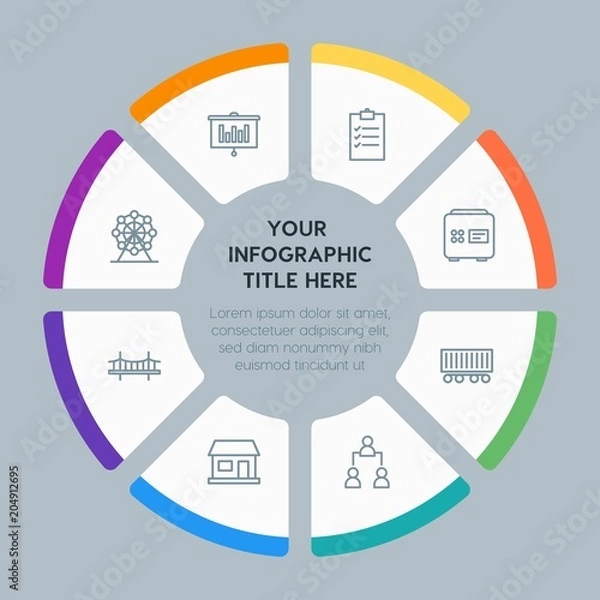 Obraz Circle chart business, industry, buildings infographic template with 8 options for presentations, advertising, annual reports