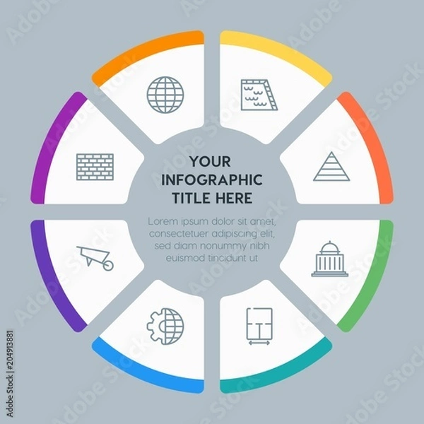 Fototapeta Circle chart business, industry, buildings infographic template with 8 options for presentations, advertising, annual reports
