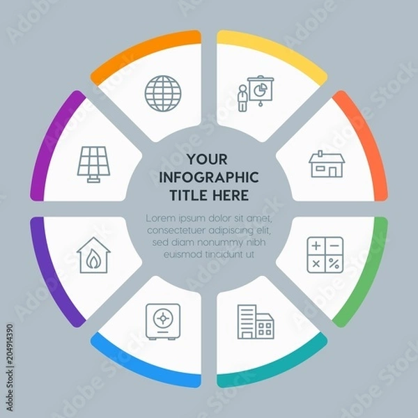 Fototapeta Circle chart business, industry, buildings infographic template with 8 options for presentations, advertising, annual reports