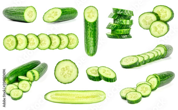 Fototapeta Collection of fresh green cucumbers isolated on white