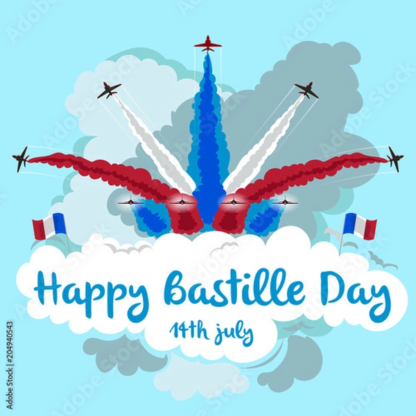 Fototapeta Illustration of jets flying in formation with copy space. Happy Bastille day.