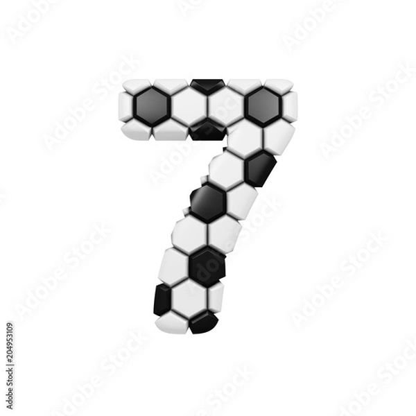 Fototapeta Alphabet number 7. Soccer font made of football texture. 3D render isolated on white background.
