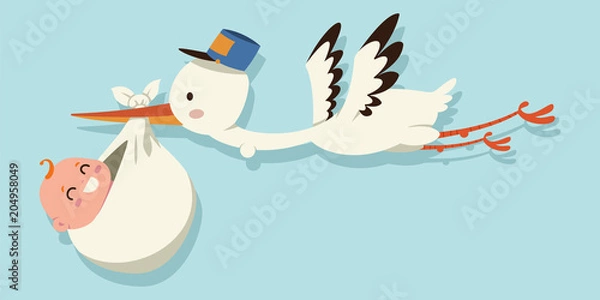 Fototapeta Cute cartoon stork and baby. Vector illustration of a flying bird carrying a newborn kid isolated on a blue background.
