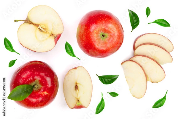 Fototapeta red apples with slices and leaves isolated on white background top view. Set or collection. Flat lay pattern