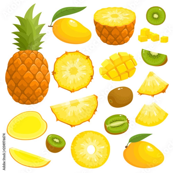 Obraz Jasny wektor zestaw ananasów, mango, kiwi na białym tle