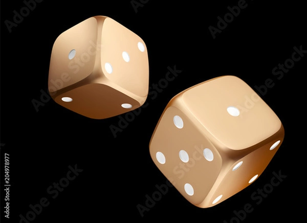 Fototapeta Poker dice. View of golden white dice. Casino gold dice on black background. Online casino dice gambling concept isolated on black