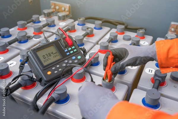 Fototapeta Electrical and instrument technician measuring voltage and internal resistance of battery to monitor performance of electrical system on oil and gas construction platform.