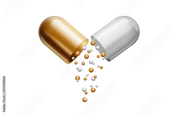 Fototapeta A tablet in the form of capsules of gold color, isolated on white background. The concept of medicine, treatment, treatment.