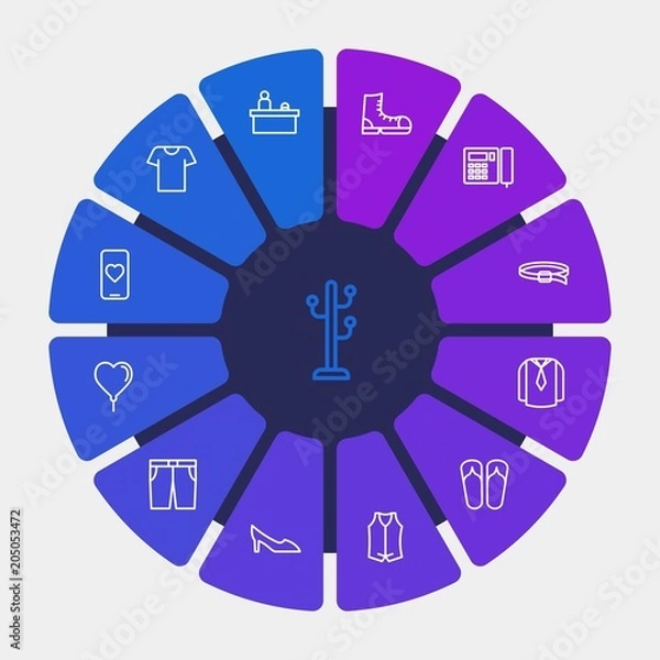 Fototapeta hotel, clothes, valentine Infographic Circle outline Icons Set. Contains such Icons as  valentine,  shirt,  footwear,  t-shirt, vest,  office,  holiday,  shoe and more. Fully Editable. Pixel Perfect