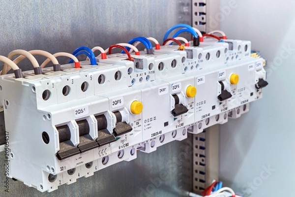 Fototapeta A range of different modular electrical devices in an electrical Cabinet. Circuit breaker, protection device of the differential current, modular contactor is wired according to the diagram.