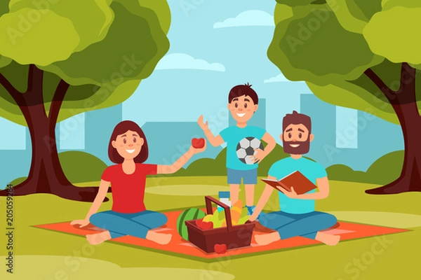 Fototapeta Family on picnic in park. Parents sitting on blanket, kid holding ball. Green trees, bushes and city buildings on background. Flat vector design