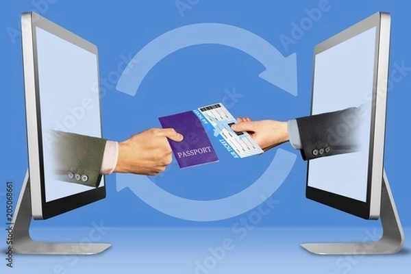 Fototapeta Business travel concept, two hands from computers. passport and air ticket. 3d illustration