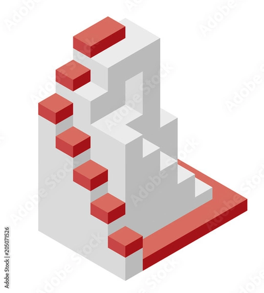 Fototapeta Vector cube shape evoking the ascending staircase. Minimalistic block like architecture stairs from aerated concrete. Master isolated illustration, isometric exploration industry icon symbol, white ba