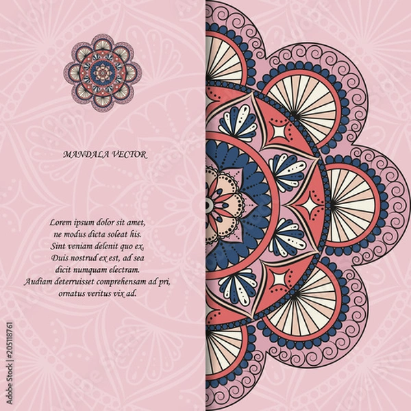 Fototapeta Indian style colorful ornate mandala card. Ornamental blank with ethnic motifs. Oriental graphic design concept. Paper brochure template. EPS 10 vector illustration. Clipping mask.