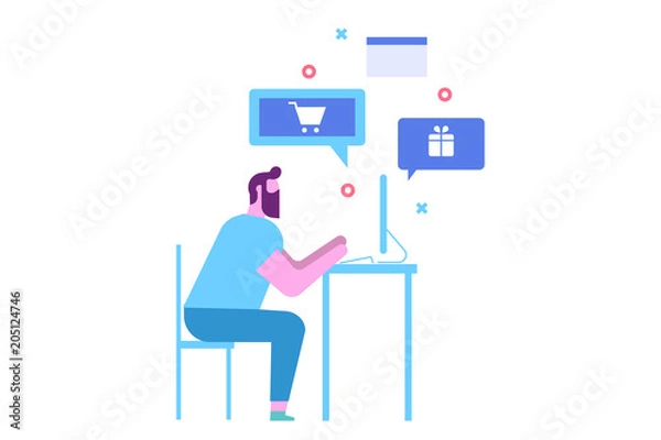 Fototapeta Internet shopping concept. Man do online shopping . Flat vector illustration.