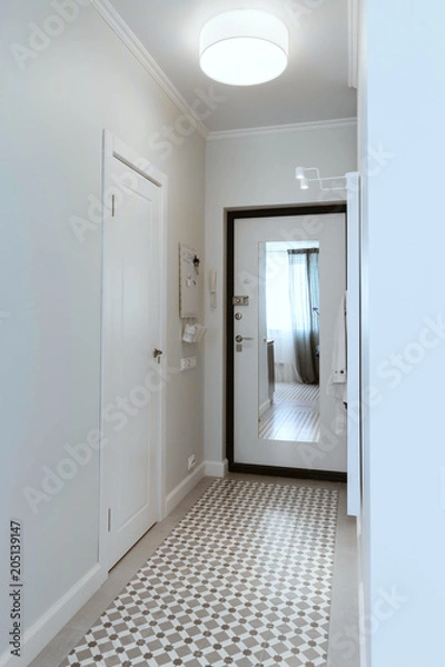 Fototapeta Simple entryway with blue walls and decorations, scandinavian apartment style