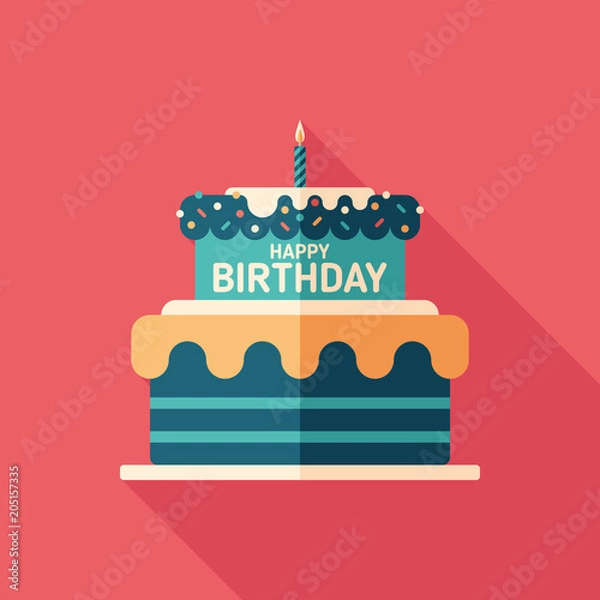 Obraz Tort urodzinowy płaski kwadrat ikona z długimi cieniami.
