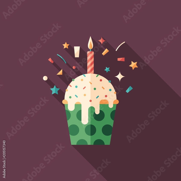 Obraz Birthday cupcake flat square icon with long shadows.