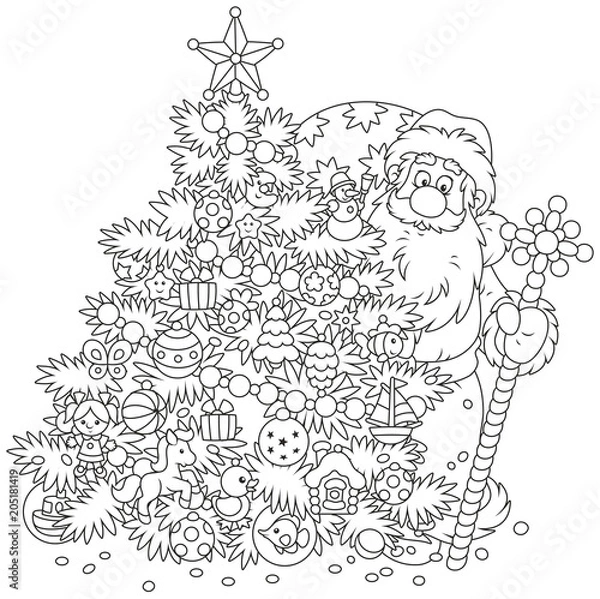 Fototapeta Santa Claus with his gift bag and a magical staff looking out from behind a decorated Christmas tree, black and white vector illustration in a cartoon style for a coloring book