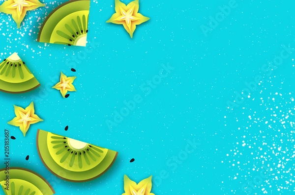Fototapeta Slice of kiwi and carambola. Top view. Kiwi and Starfruit Super Summer in paper cut style. Origami juicy ripe green yellow slices. Healthy food on blue. Summertime.
