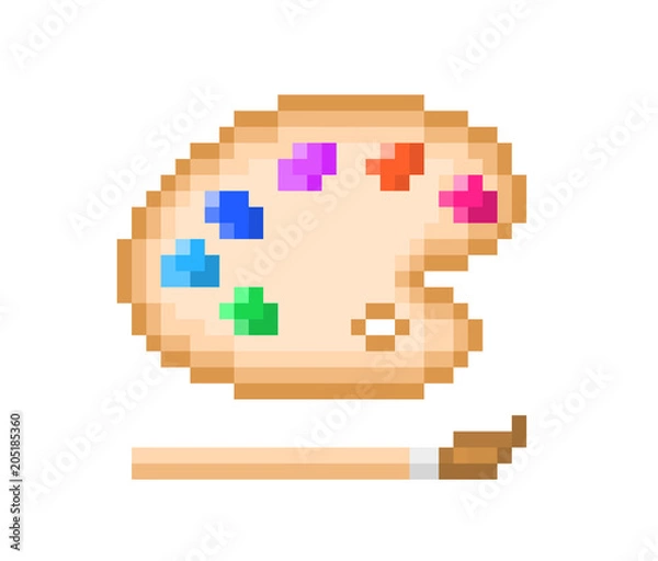 Fototapeta Wooden color palette with colorful oil paint and paintbrush, pixel art icon isolated on white background. Professional painting tools. Art class emblem. Symbol of creativity. Craft studio logotype.