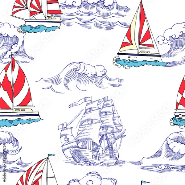 Fototapeta Nautical seamless pattern with sailing vesselsand