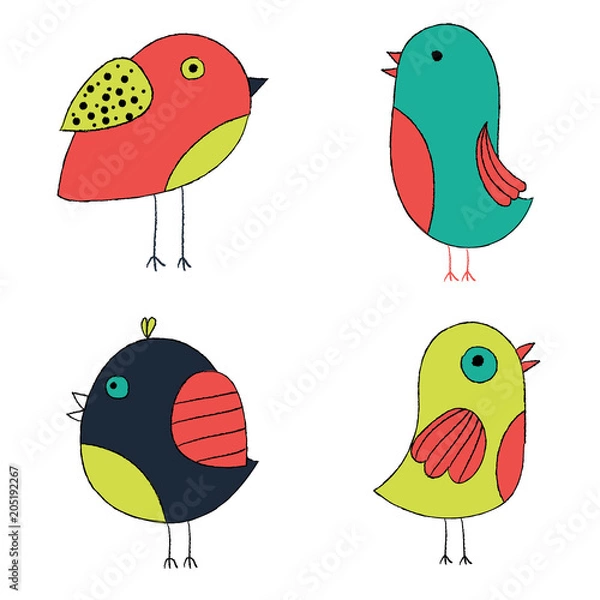 Fototapeta Cute hand drawn birds. Colorful birds collection. Isolated on white vector set.
