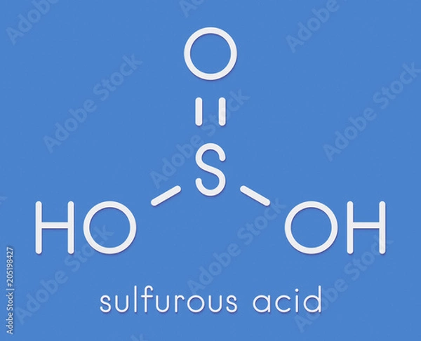 Fototapeta Sulfurous acid (H2SO3) molecule. Conjugate bases are bisulfite and sulfite. Skeletal formula.