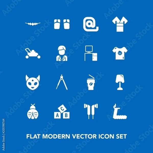 Fototapeta Modern, simple vector icon set on blue background with divider, lady, summer, traditional, alien, coffee, monster, butterfly, instrument, flip, drink, table, abc, necklace, treadmill, home, tool icons