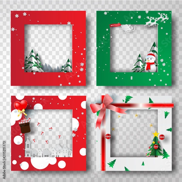 Fototapeta Merry Christmas and Happy new year border frame photo design set on transparency background.Creative origami paper cut and craft style.Holiday decoration gift card.Winter Postcard vector illustration 