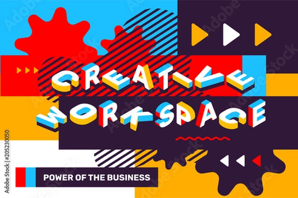 Fototapeta Creative workplace concept on bright colorful background with abstract element. Isometric template design for banner.