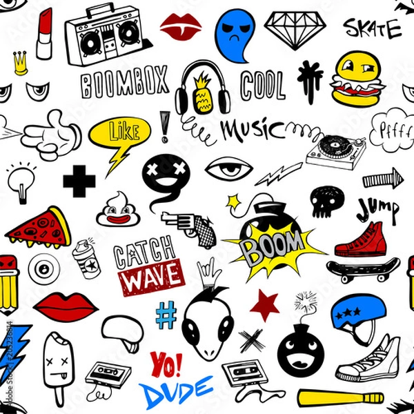 Fototapeta Seamless pattern with Hipsters teens doodles