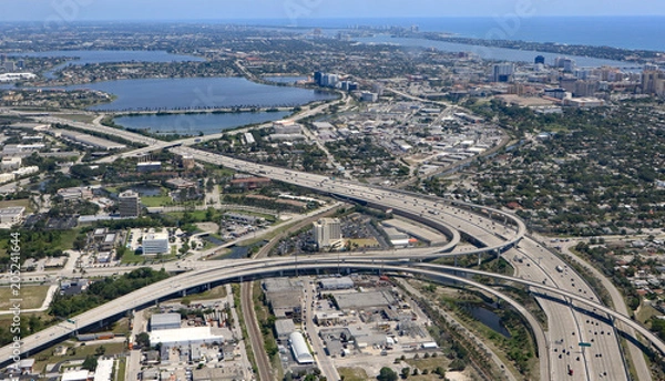 Obraz Aerial view of downtown West Palm Beach, Florida, with the I-95 expressway, and interchange, a key roadway to South Florida.