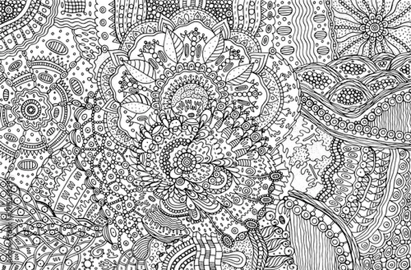 Obraz Coloring page for adults with abstract doodle background. Cartoo