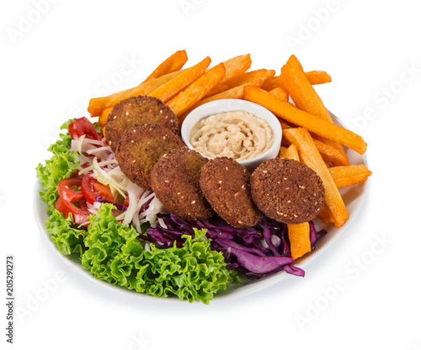 Fototapeta Talerz falafel ze świeżymi warzywami, hummusem i frytkami.