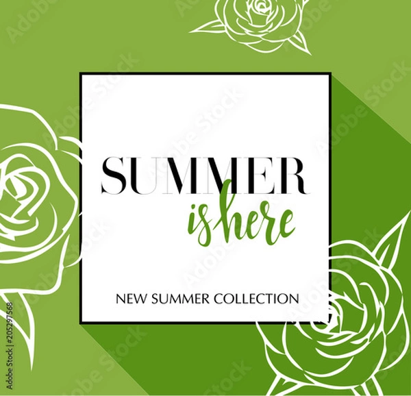Fototapeta Design banner with lettering Summer is here logo. green Card for spring season with black frame and wthite roses. Promotion offer Summer Collection with spring roses flower decoration. Vector