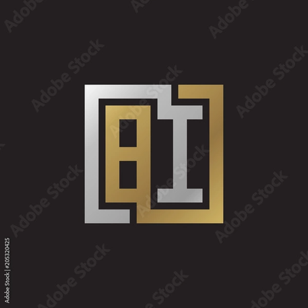 Fototapeta Initial letter BI, looping line, square shape logo, silver gold color on black background