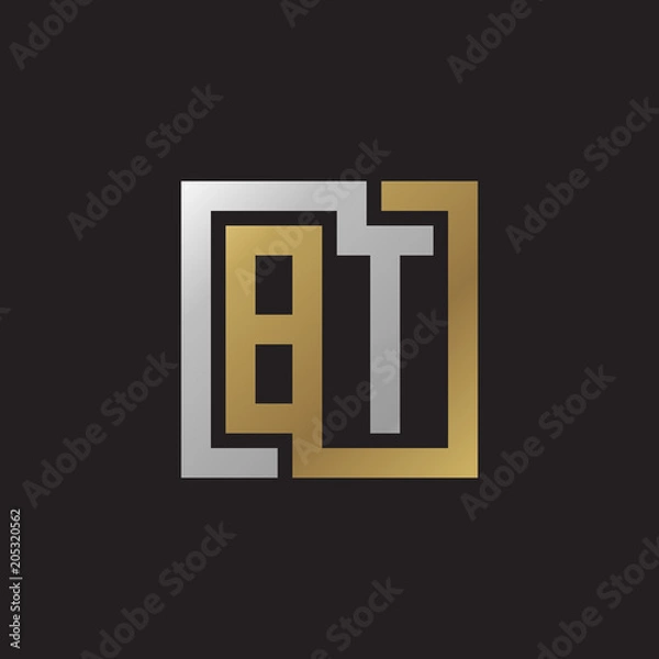 Fototapeta Initial letter BT, looping line, square shape logo, silver gold color on black background