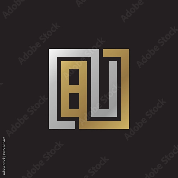 Obraz Initial letter BU, looping line, square shape logo, silver gold color on black background