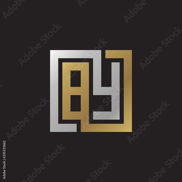 Fototapeta Initial letter BY, looping line, square shape logo, silver gold color on black background