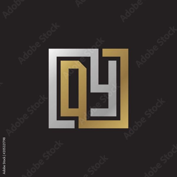 Fototapeta Initial letter DY, looping line, square shape logo, silver gold color on black background